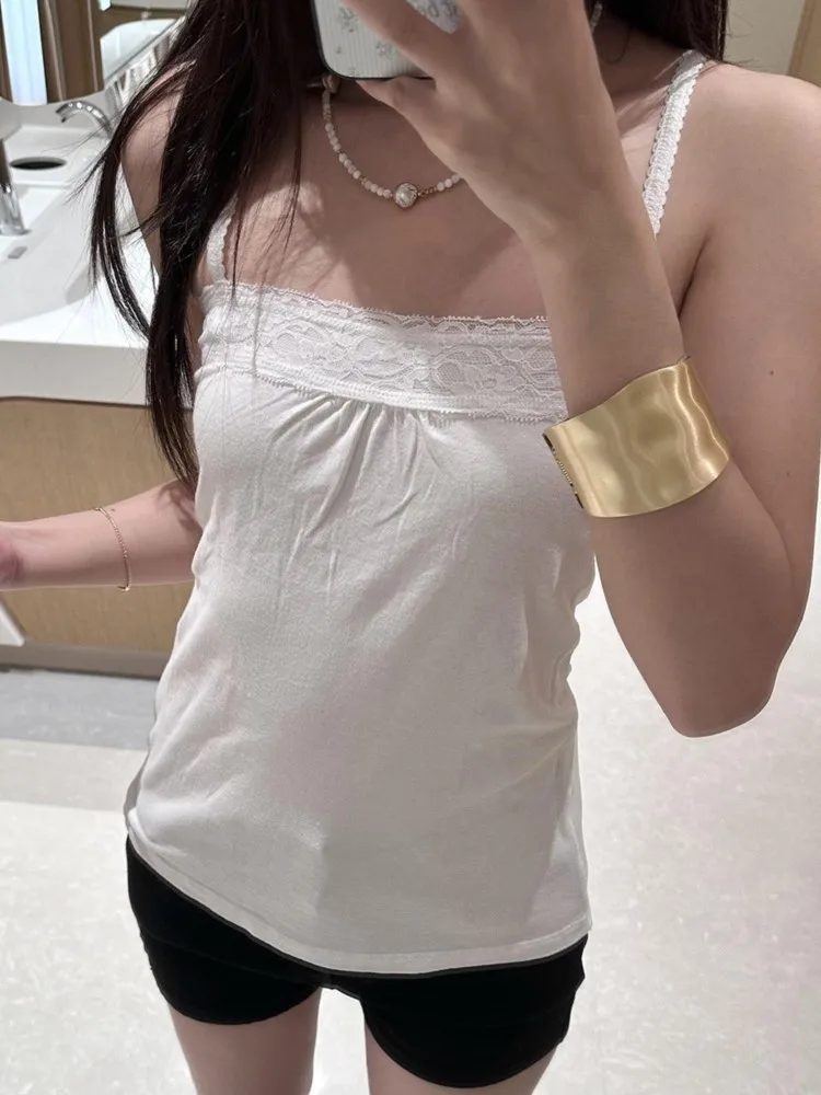Spitze Trim Liebsten Tops Frauen Baumwolle Weiche Schlanke Weiß Sexy Ärmellose Leibchen Süße Nette Chic Tank Tops Y2K Image