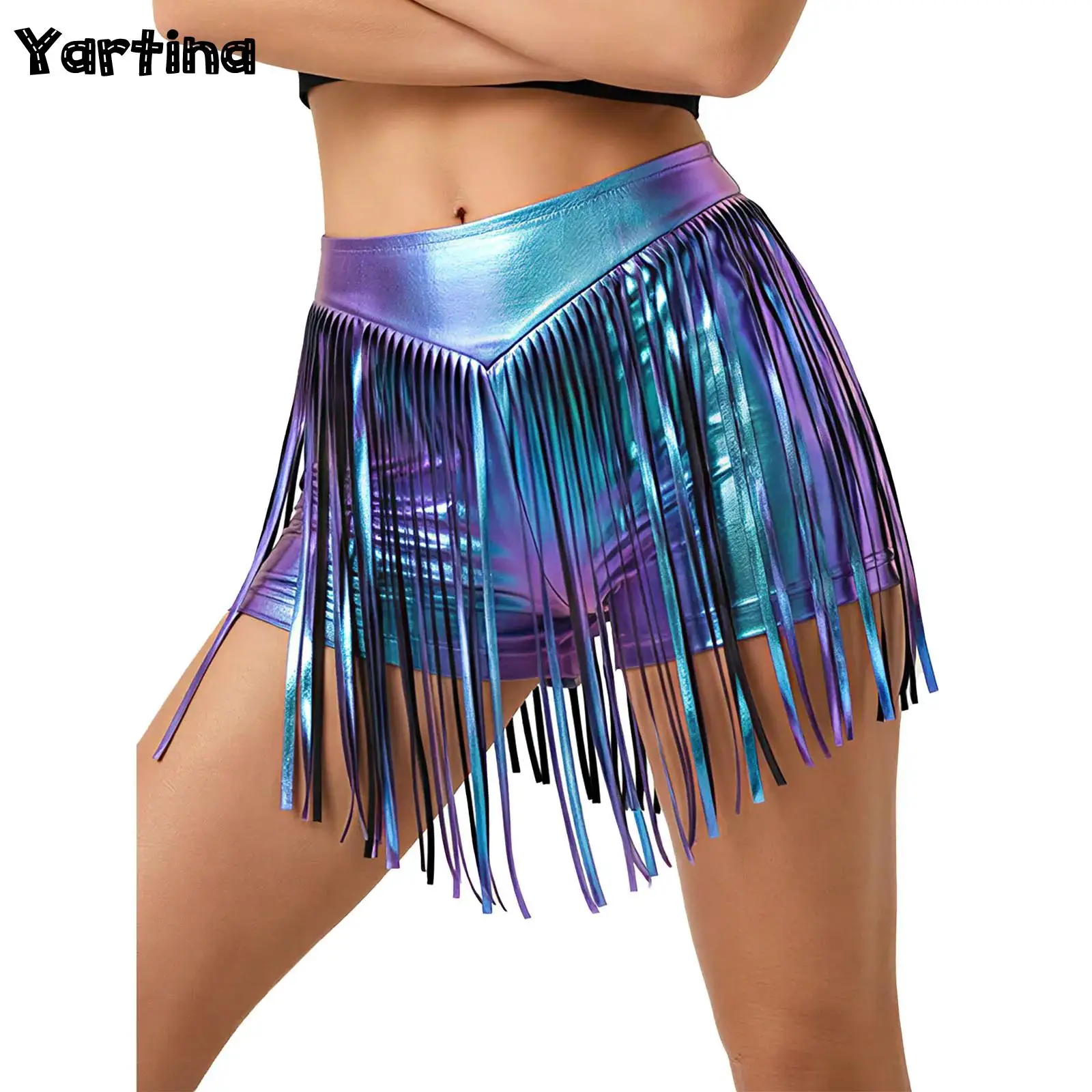 Schillernde metallische Hotpants für Damen mit Quaste, hohe Taille, Fransen, Booty-Shorts, freche Shorts, Bühnentanz, Jazz, Rock, Clubwear Image