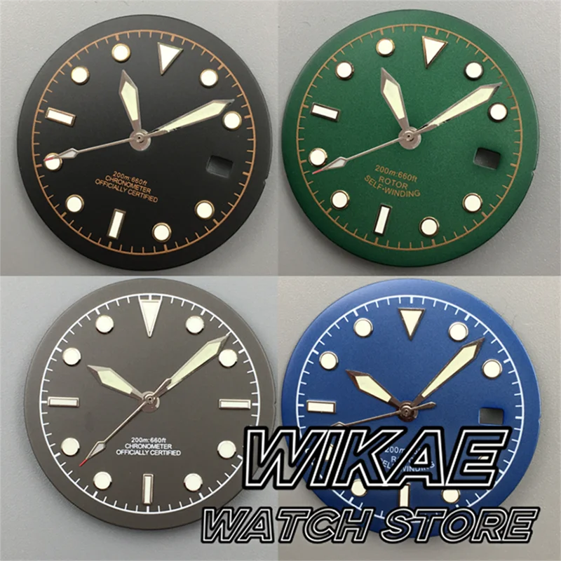 33,5mm Zifferblatt Handset schwarz blau grün grau Zifferblatt Weißgold Rose Tracking Line grün leuchtende Passform nh34 nh35 nh36 Uhrwerk