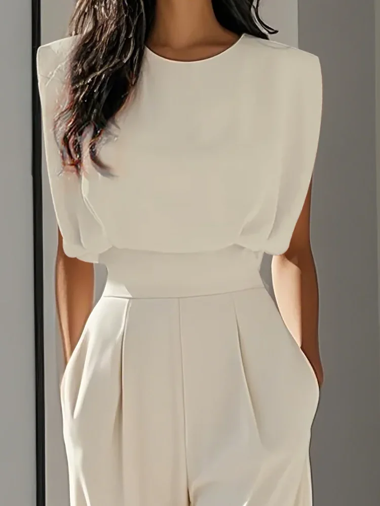 Fashion Solid Hohe Taille Gerade Overalls für Frauen Sexy Rundhals Tasche Playsuits Strampler Sommer Ärmellose Einfache Overalls Image