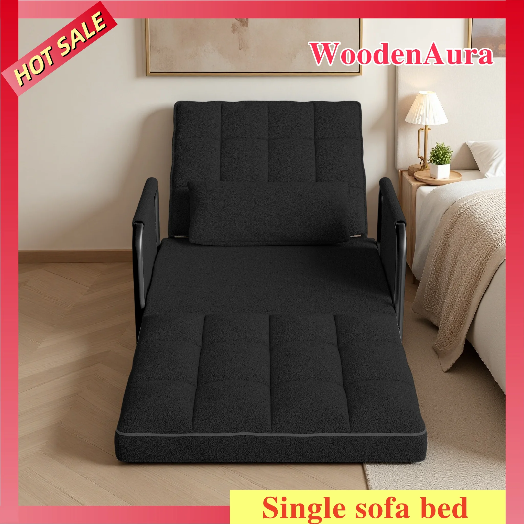 WOODENAURA Einzelsofa mit 5-fach verstellbarer Rückenlehne, funktioneller Bodenstuhl, klappbares Sofa mit 2 Seitentaschen (82 x 73 x 55 cm) Image