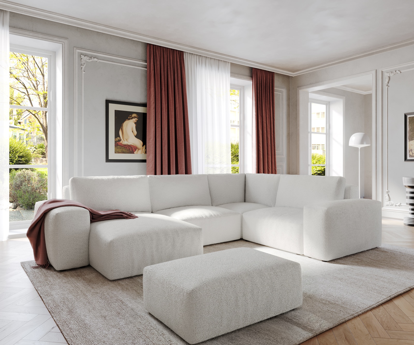 DELIFE Wohnlandschaft Lanzo 300x210 cm Bouclé Creme-Weiß Recamiere variabel mit Hocker, Wohnlandschaften Image