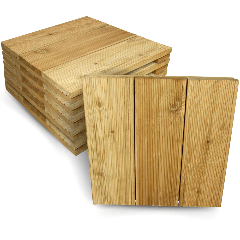 DELUKE Holzfliese Lärchenholz 43x43cm - Fliese Geriffelt | Terrassenfliese Holz quadratisch Terrassendiele mit Unterkonstruktion Balkon Bodenfliese Image