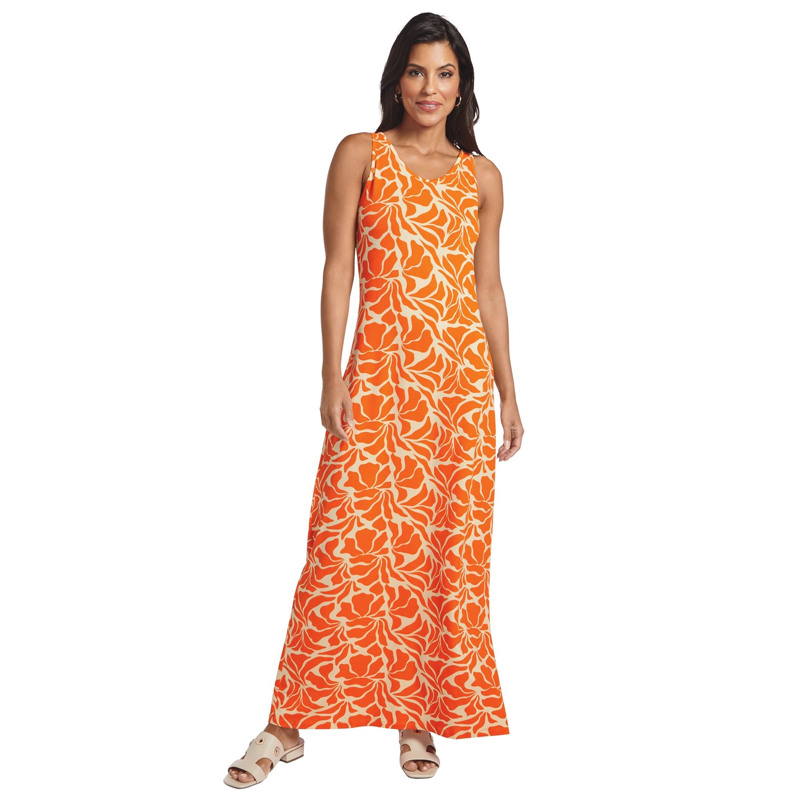 Masseys Favorite Tank Maxi Dress (Size 2X) Orange Abstract, Spandex,Viscose