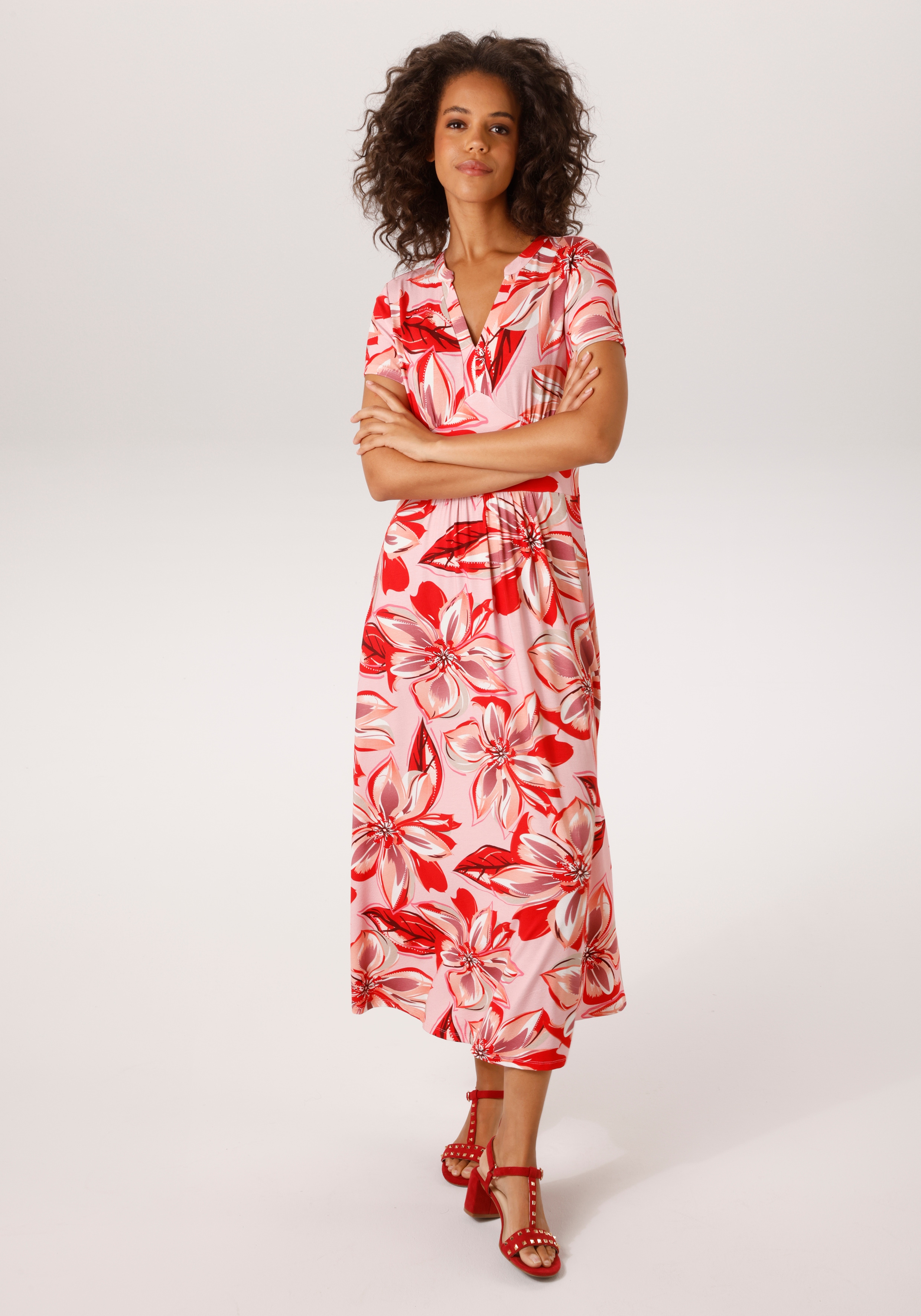 Sommerkleid ANISTON CASUAL, Damen, Gr. 42, N-Gr, rosa, rot, beere, lachs, wollweiß bodeaux, Single Jersey, Obermaterial: 95% Viskose, 5% Elasthan, bedruckt, geblümt, figurumspielend wadenlang, V-Ausschnitt, Kleider Sommerkleid, mit farbharmonischen,...