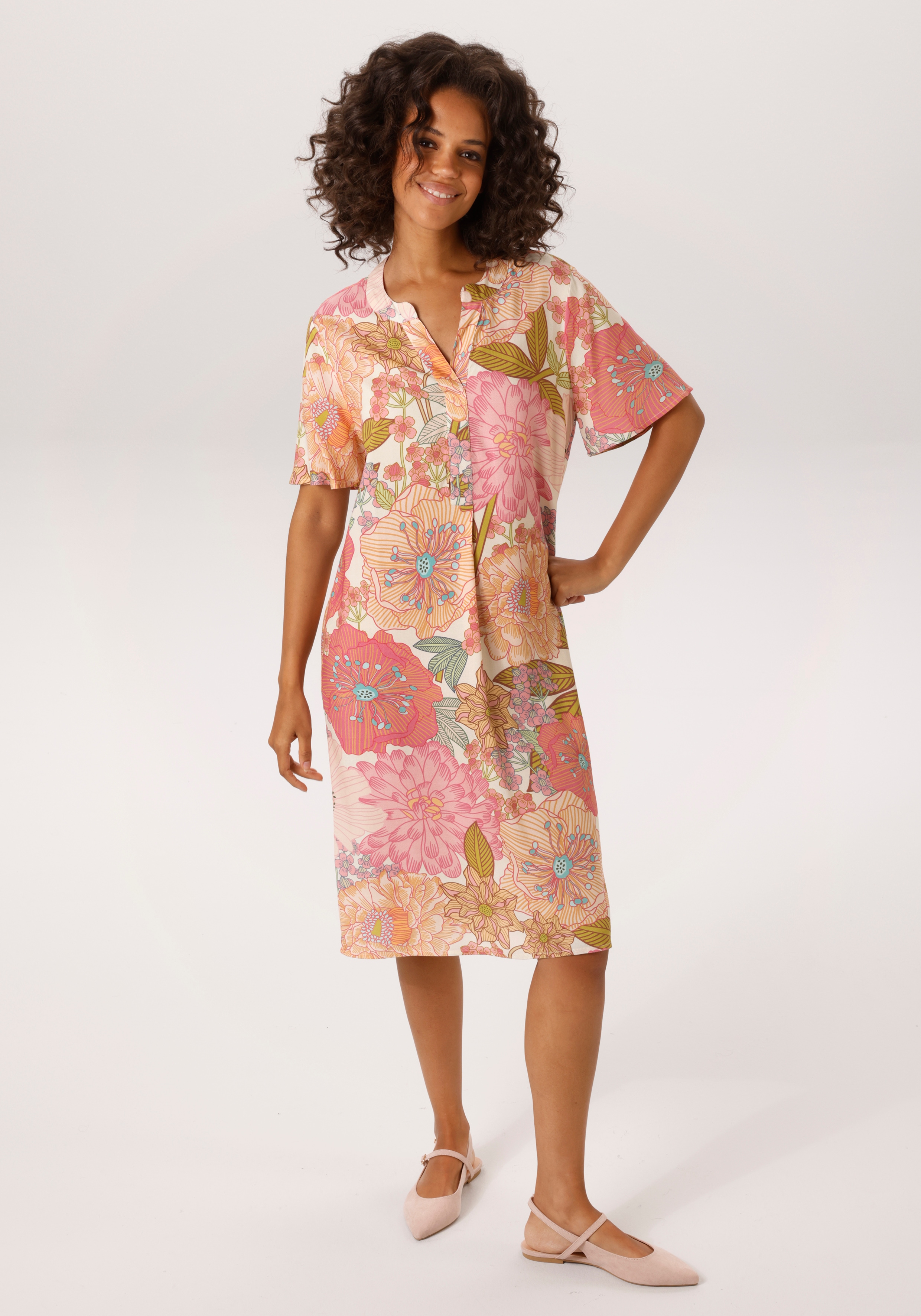 Sommerkleid ANISTON CASUAL, Damen, Gr. 36, N-Gr, creme, pink, rosa, türkis, grün, orange, gelb, braun, blau, Web, Obermaterial: 100% Viskose, bedruckt, geblümt, lässig geschnitten kniebedeckend, V-Ausschnitt, Kleider Sommerkleid, mit farbenfrohen,...