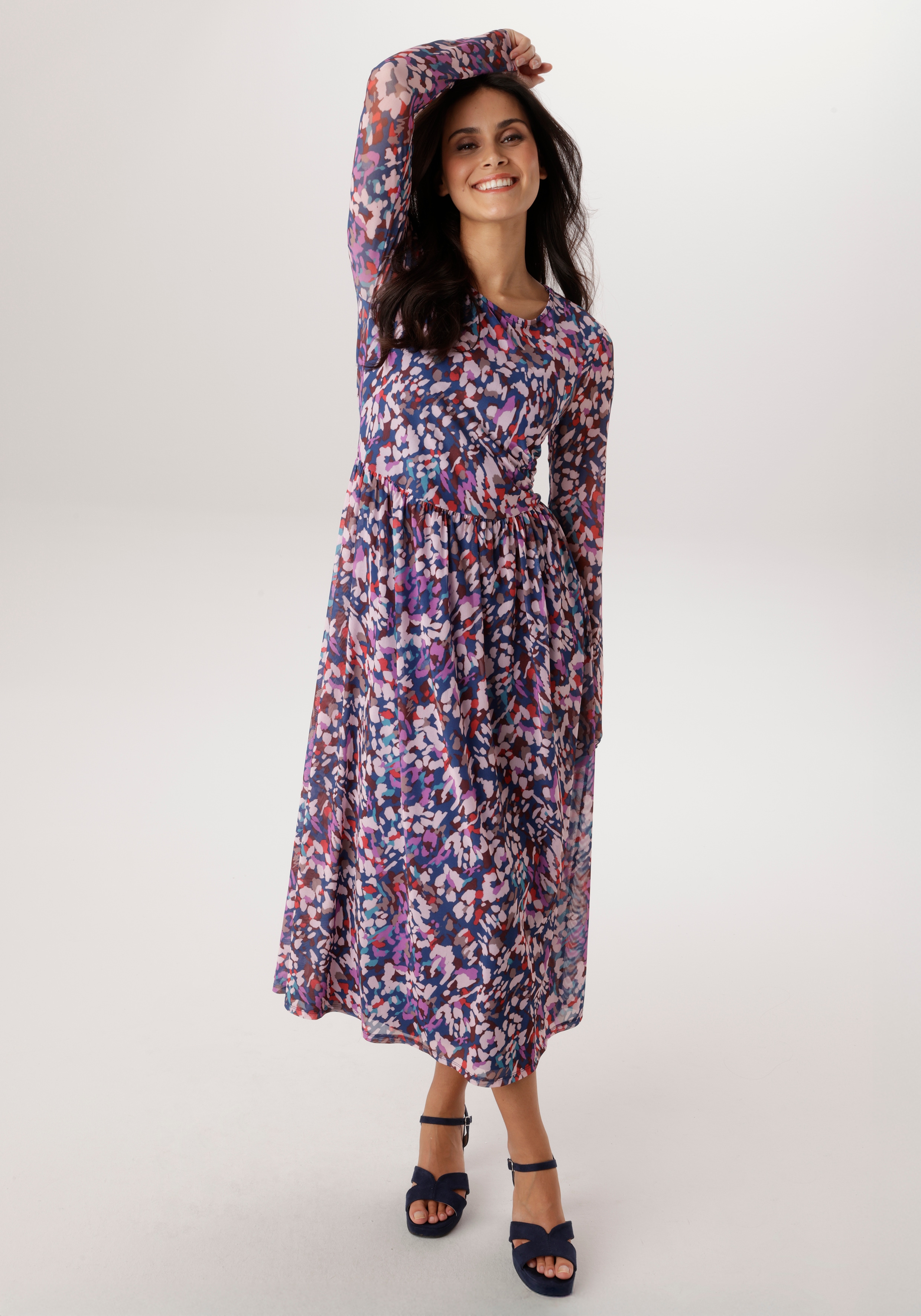 Midikleid ANISTON SELECTED, Damen, Gr. 36, N-Gr, blau, türkis, flieder, orange, schoko, beige, Mesh, Obermaterial: 95% Polyester, 5% Elasthan. Futter: 95% Viskose, 5% Elasthan, figurumspielend wadenlang, Rundhals, Kleider Midikleid, im...