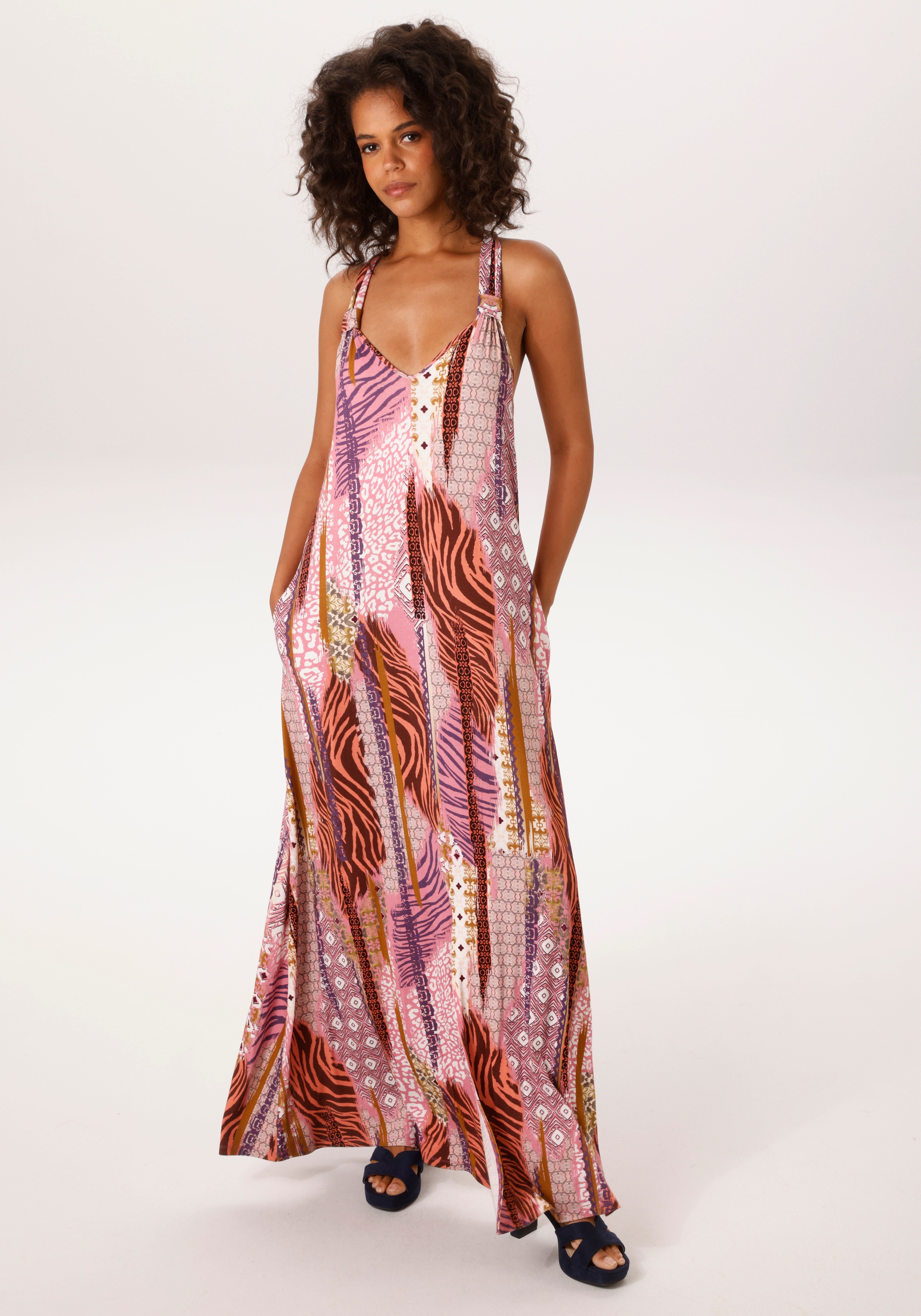 Sommerkleid ANISTON CASUAL, Damen, Gr. 44, N-Gr, beere, lila, lachs weiß, braun, goldfarben, grau, orange, grün, oliv, rose, bordeaux, Single Jersey, Obermaterial: 95% Viskose, 5% Elasthan, bedruckt, gemustert, A-Linie knöchelfrei, V-Ausschnitt,...