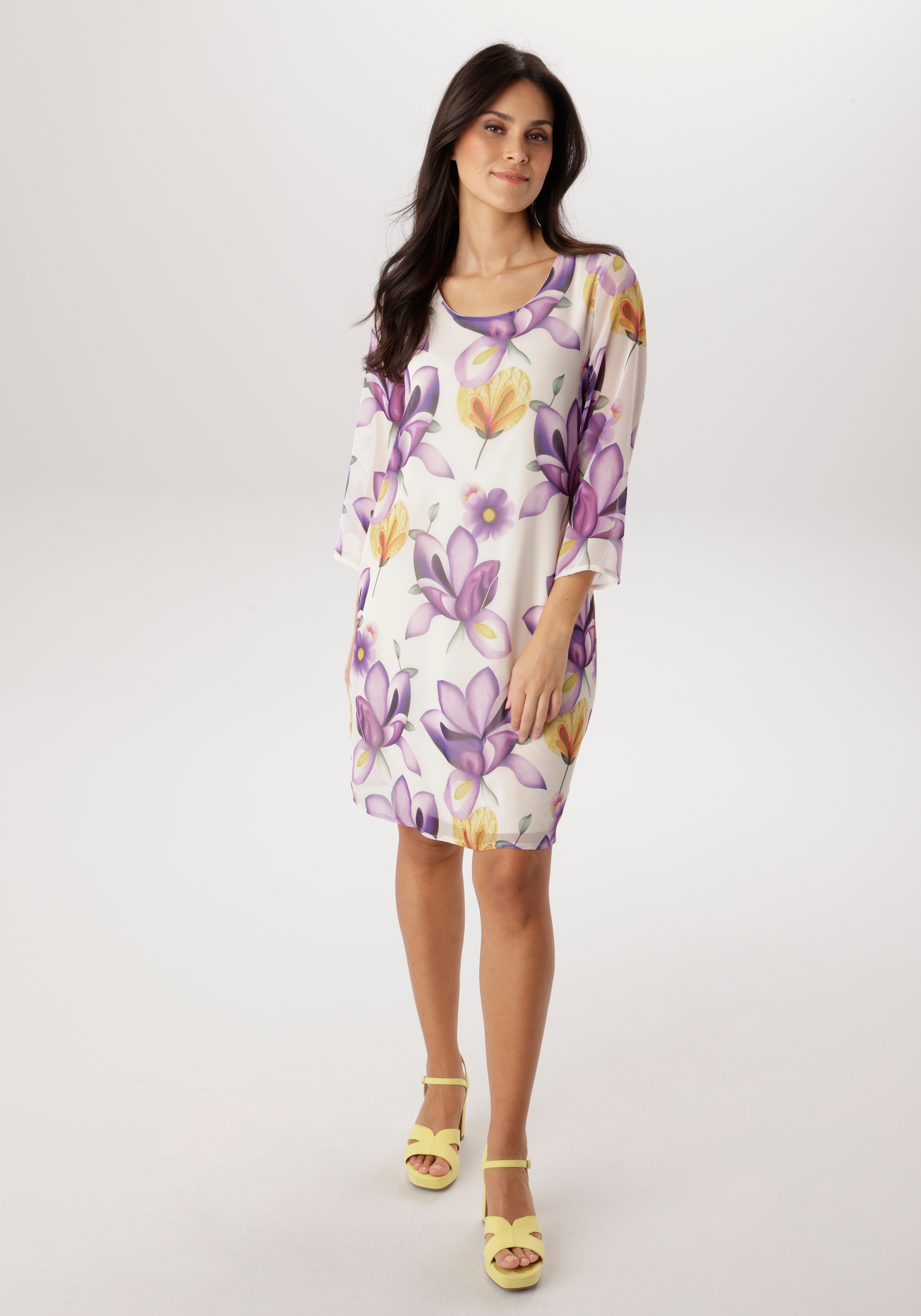 Chiffonkleid ANISTON SELECTED, Damen, Gr. 44, N-Gr, sanftes weiß, lila, flieder, orange, oliv, gelb, dunkelgrün, Chiffon, Obermaterial: 100% Polyester. Futter: 95% Viskose, 5% Elasthan, bedruckt, geblümt, gemustert, figurumspielend kniefrei,...