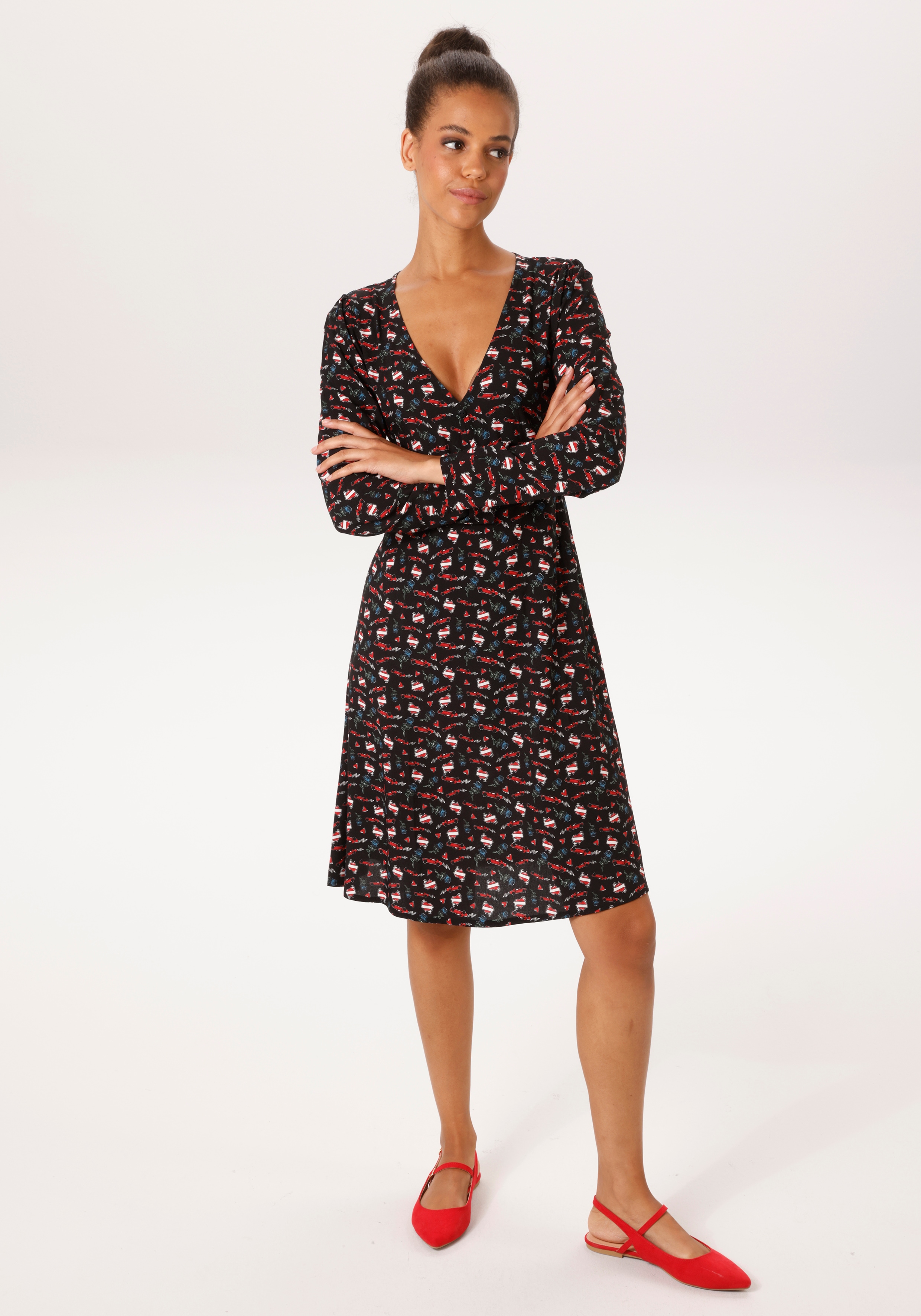 Minikleid ANISTON CASUAL, Damen, Gr. 48, N-Gr, schwarz, rot, wollweiß, blau, grün, Web, Obermaterial: 100% Viskose, bedruckt, figurumspielend kniefrei, V-Ausschnitt, Kleider Minikleid, mit extravagantem Alloverdruck - NEUE KOLLEKTION