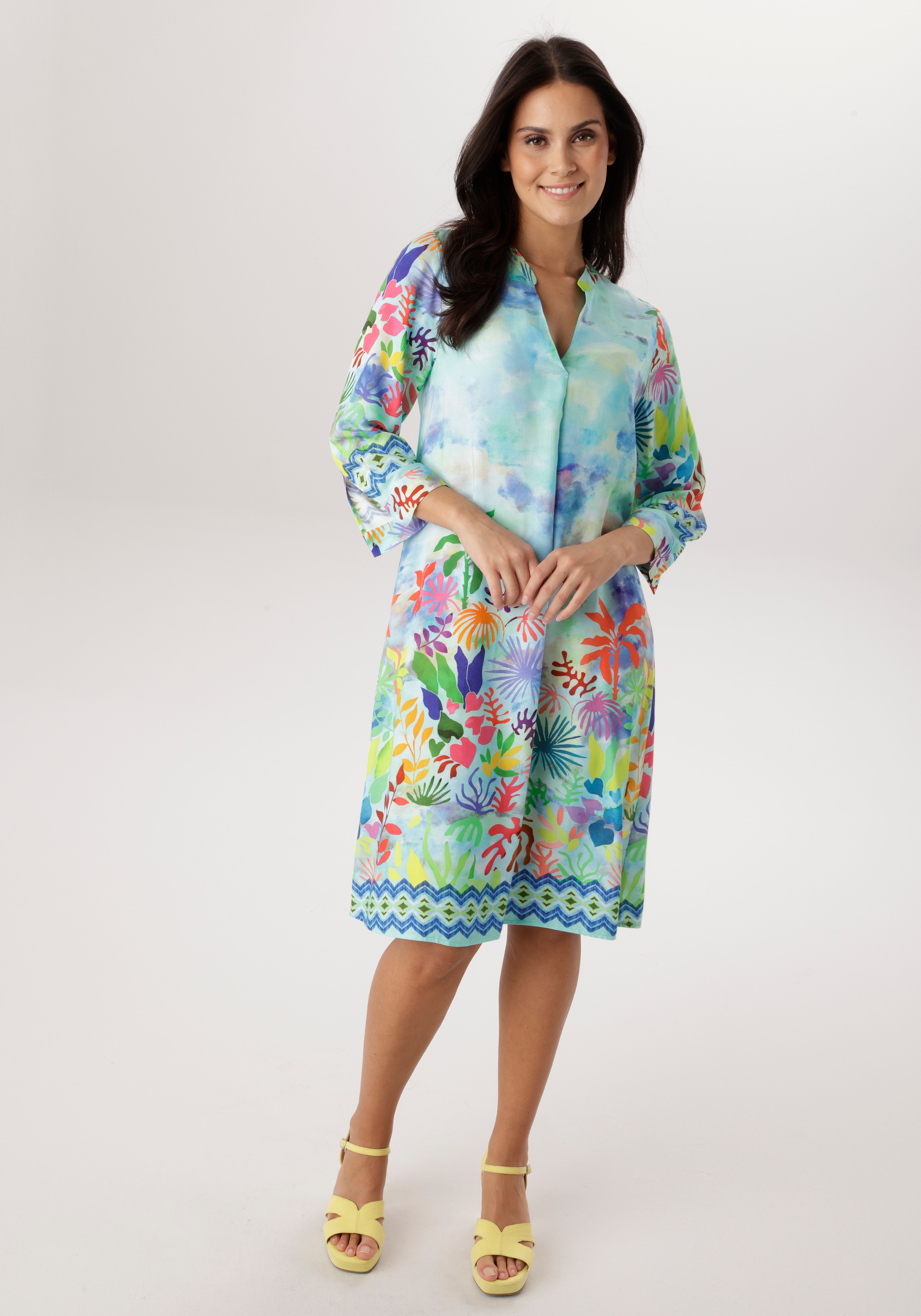 Blusenkleid ANISTON SELECTED, Damen, Gr. 44, N-Gr, hellblau, türkis, grün, gelb, bunt, Web, Obermaterial: 100% Viskose, bedruckt, gemustert, mehrfarbig, lässig geschnitten knieumspielend, V-Ausschnitt, 1-Knopf-Manschette, Kleider Blusenkleid, mit...