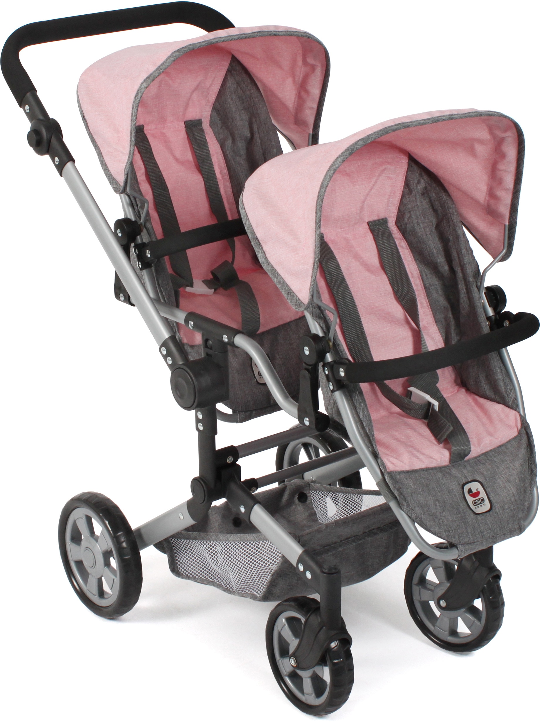 Puppen-Zwillingsbuggy CHIC2000 "Linus Duo", rosa (melange grau, rosa), Puppenwagen, KinderB:80cm H:79cm T:80cm, Kunststoff, Polyester, Stahl, mit zwei abnehmbaren, bis in Liegeposition verstellbaren Sportsitzen, B:80cm H:79cm T:80cm