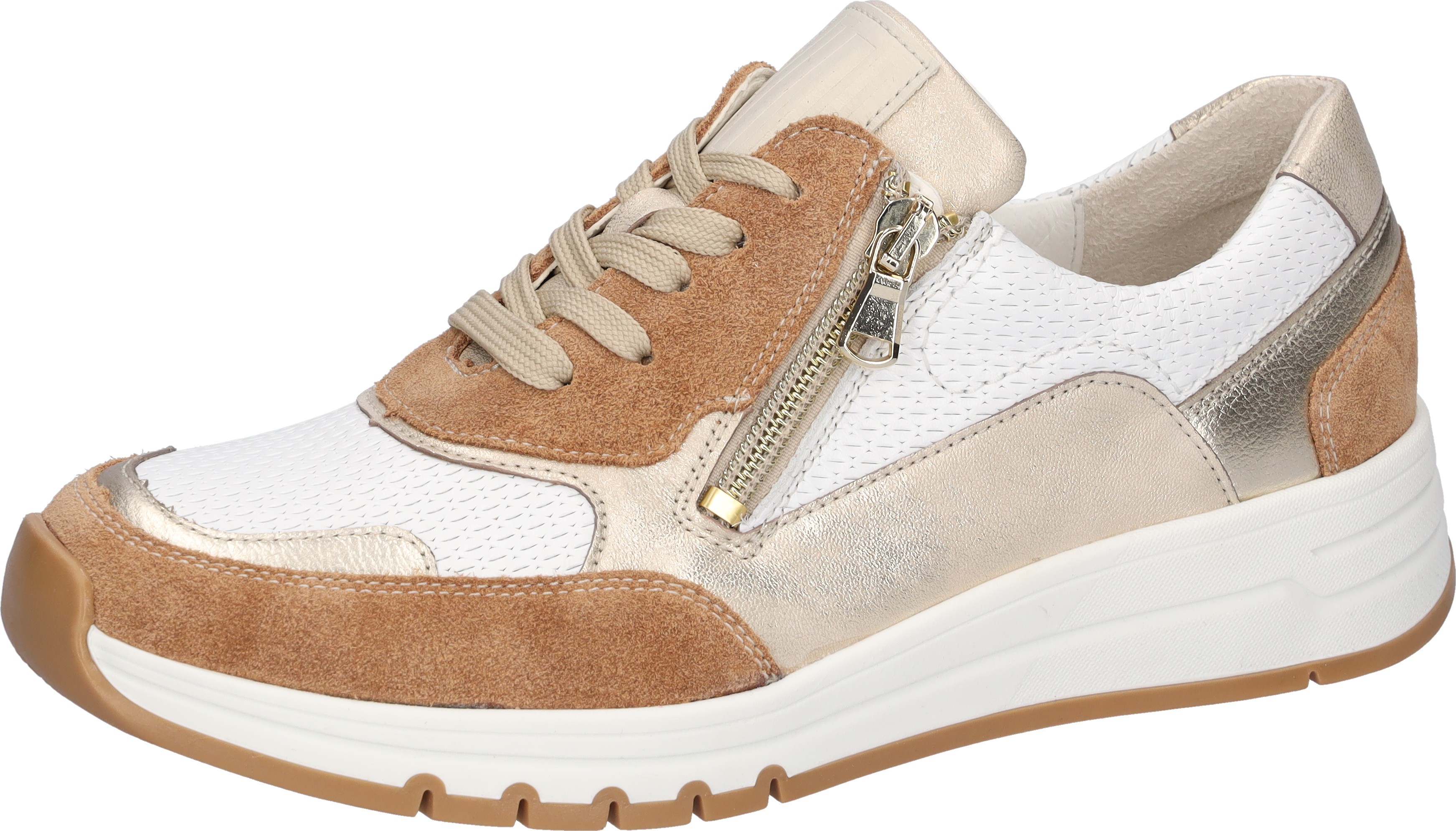 Keilsneaker WALDLÄUFER, Damen, Gr. 6,5, braun, goldfarben, weiß, Nappaleder, Nubukleder, Veloursleder, mehrfarbig, metallic, Schuhe, Schnürschuh, Halbschuh, Freizeitschuh mit Luftkammern-Laufsohle