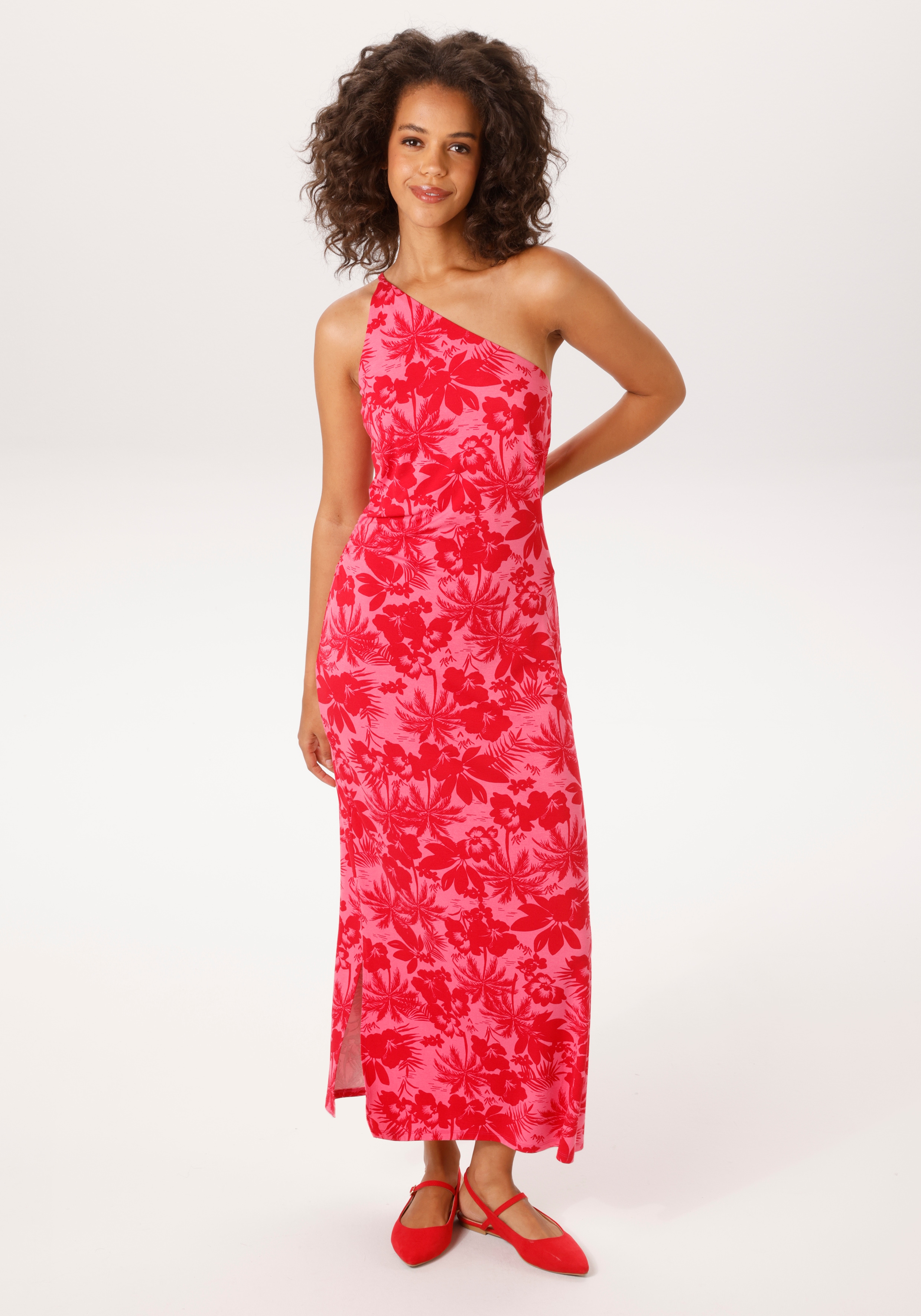 Sommerkleid ANISTON CASUAL, Damen, Gr. 44, N-Gr, pink, rot, Single Jersey, Obermaterial: 95% Viskose, 5% Elasthan, bedruckt, geblümt, figurbetont knöchelfrei, Kleider Sommerkleid, in modischer One-Shoulder-Form - NEUE KOLLEKTION