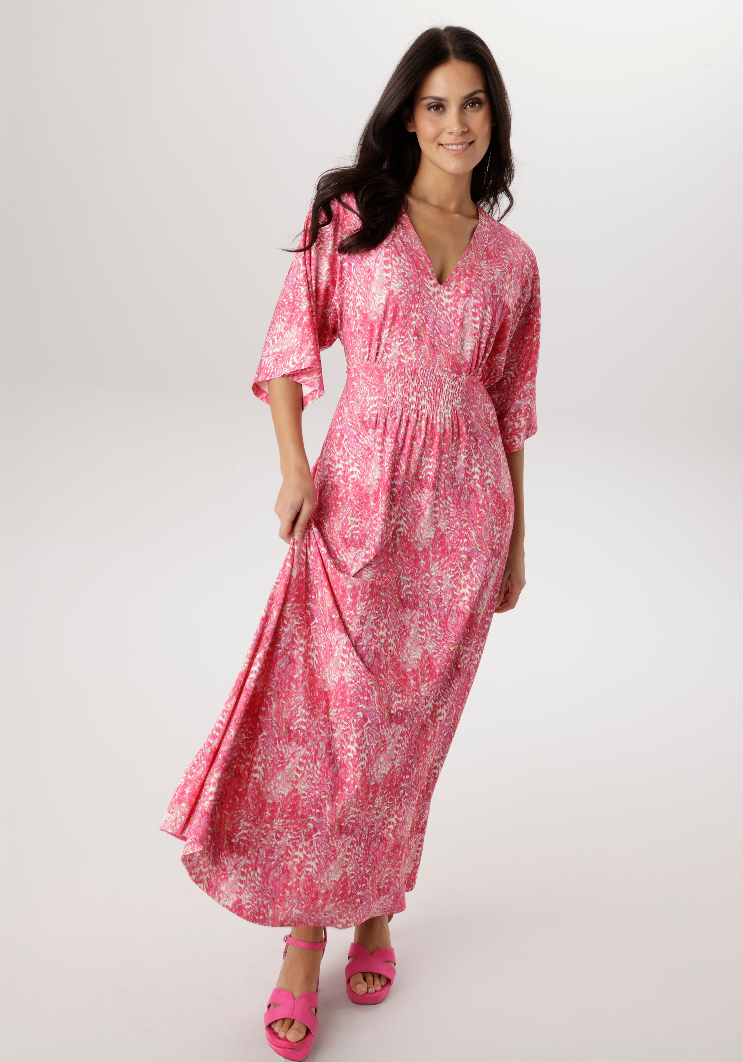 Maxikleid ANISTON SELECTED, Damen, Gr. 42, N-Gr, rosa (pink, rose, weiß, zartgelb), Single Jersey, Obermaterial: 95% Viskose, 5% Elasthan, bedruckt, gemustert, lässig geschnitten lang, V-Ausschnitt, weit, Kleider Maxikleid, mit weiten, 3/4-langen...