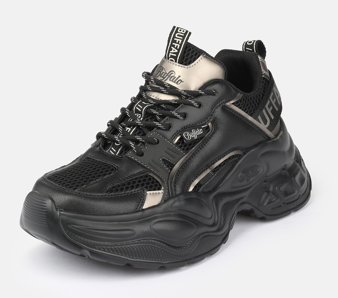 Plateausneaker BUFFALO "Yuno one", Damen, Gr. 41, schwarz, graumetallic, Lederimitat, Textil, metallic, Schuhe Plateausneaker, Halbschuh, Schnürschuh, Retro-Sneaker mit Memory Foam Innensohle