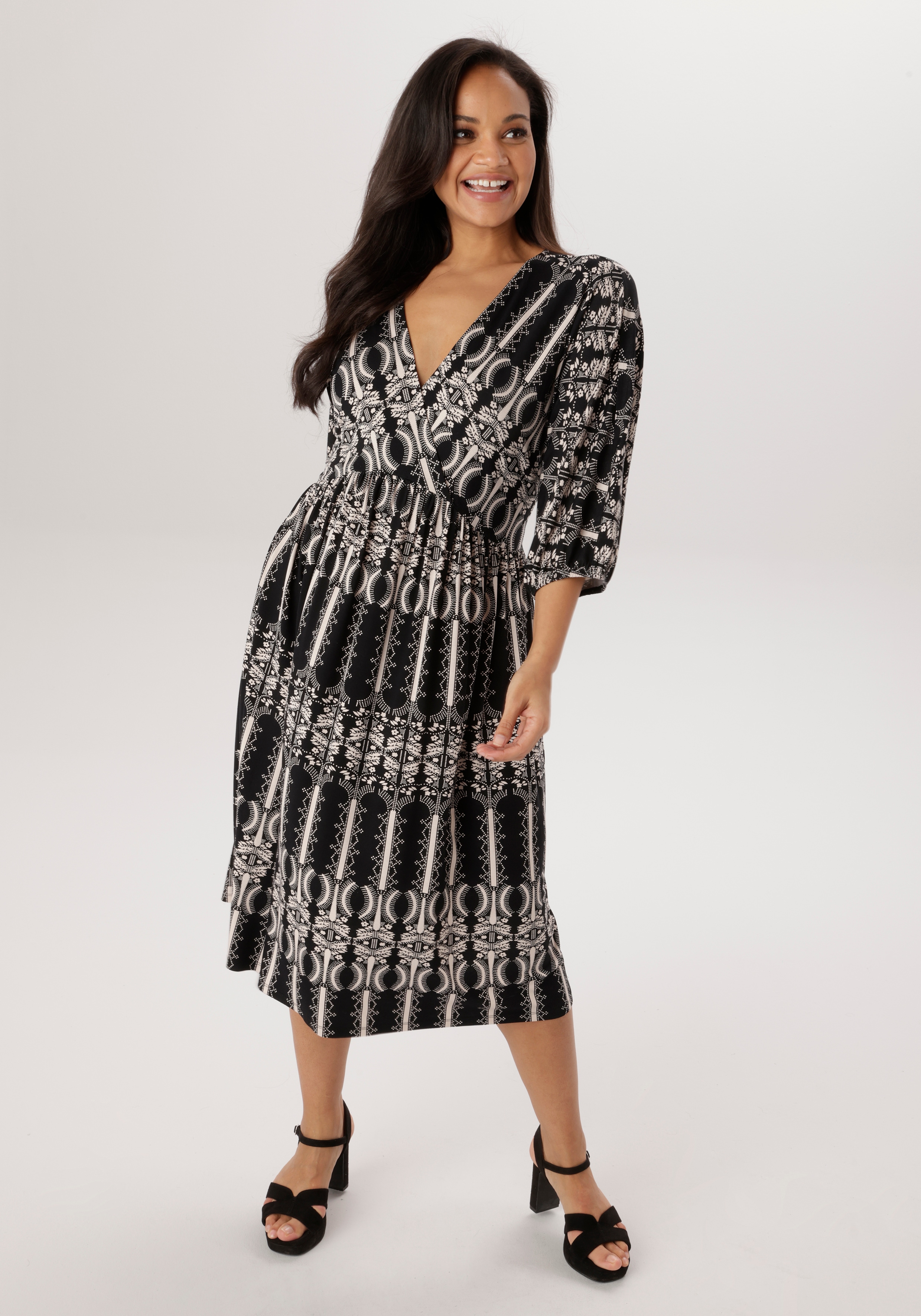 Jerseykleid ANISTON PLUS, Damen, Gr. 48, N-Gr, schwarz, weiß, Jersey, Obermaterial: 95% Viskose, 5% Elasthan, figurumspielend kniebedeckend, V-Ausschnitt, Raglanärmel mit Gummizug, Kleider Jerseykleid, in Wickeloptik - NEUE KOLLEKTION