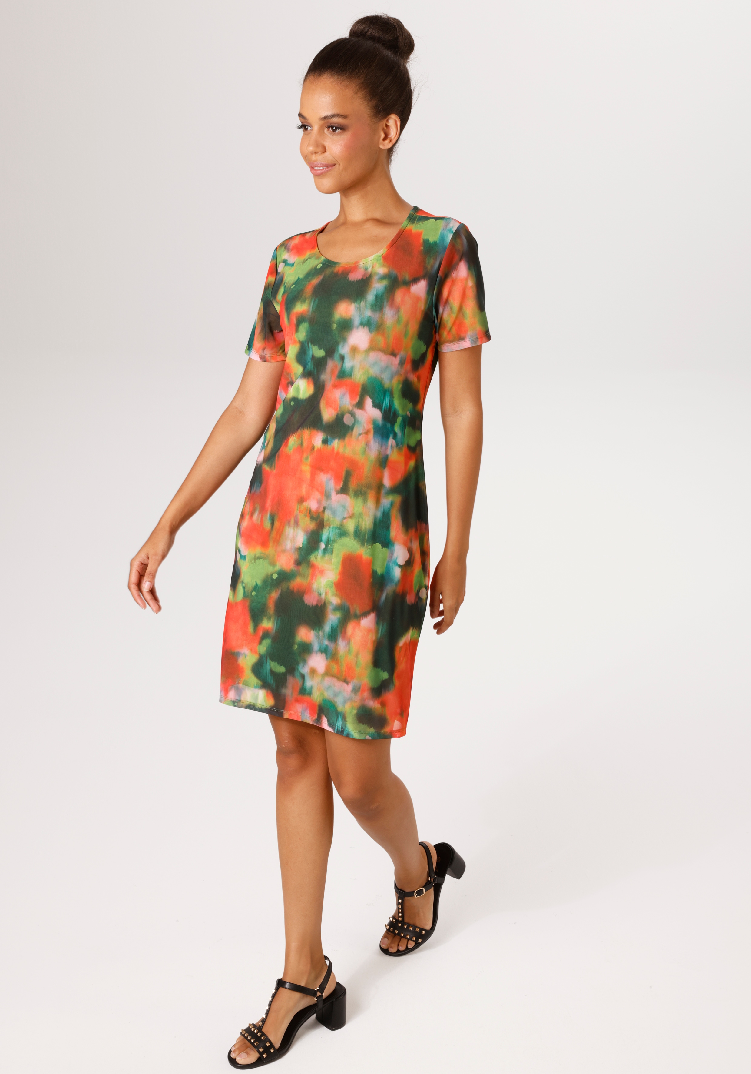 Sommerkleid ANISTON CASUAL, Damen, Gr. 36, N-Gr, grün, rot, rosa, orange, Mesh, Obermaterial: 95% Polyester, 5% Elasthan. Futter: 95% Viskose, 5% Elasthan, geblümt, figurbetont kniefrei, Rundhals, Kleider Sommerkleid, mit raffinierten Cut-Out im...