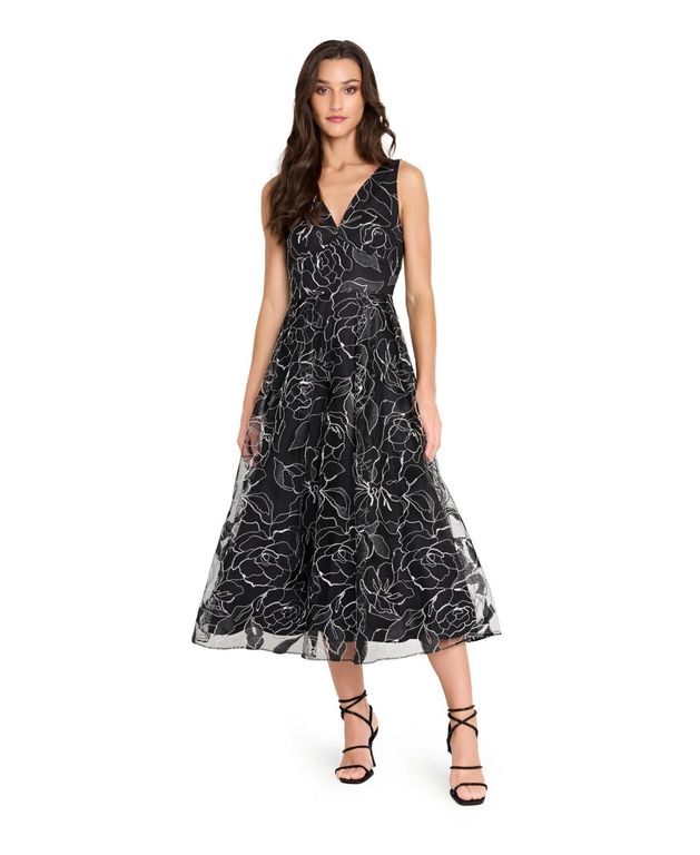 Soutache V-neck Metallic Midi Dress - Black - Tahari Dresses