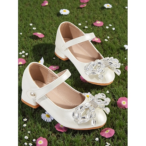 Elegante Mary-Jane-Schuhe für Blumenmädchen mit Perlenriemen, niedrigem Blockabsatz, Strassschleife und weichem Futter – perfekte Prinzessinnenschuhe für Mädchen, ideal für Hochzeitsfeiern und andere Image