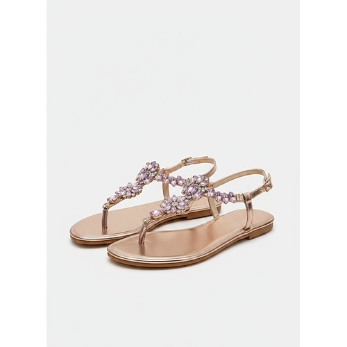 Damen-Sandalen mit Strassblumen in Roségold – kristallverzierte T-Riemen-Sandalen für Hochzeiten, Flitterwochen und Galas glamouröse Frauen Image