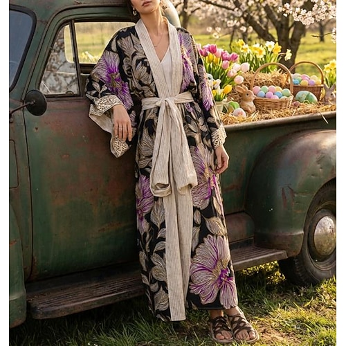 Damen Langes Kleid Maxikleid Boho Kleid Urlaub Freizeitkleid Swing Kleid Mode Modern Alltag Urlaub Strand Regular Fit Blumen Langarm V-Ausschnitt Weinrot Marineblau Apricot Sommer Frühling Image