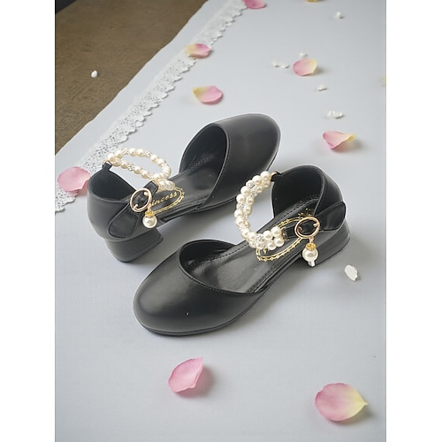 Elfenbeinfarbene Kinder-Blumenmädchenschuhe mit Perlenriemen, Strassverzierungen, weich gepolstertem, niedrigem Absatz und elegantem Prinzessinnenstil – perfekt für Hochzeiten und festliche Anlässe. Image