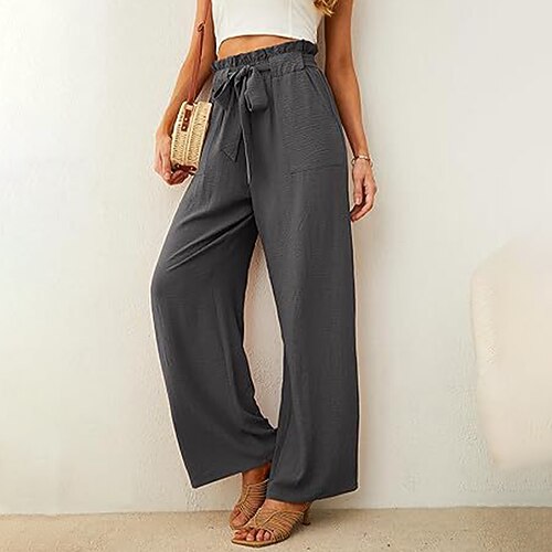 Damen Hose Baggy-Hosen Freizeithose Urlaub Mode Streetwear Volle Länge Hohe Taille Einfarbig Einfach Tasche Elastischer Bund Weites Bein Komfort Schnelltrocknend Weich Mikroelastisch Täglich Image