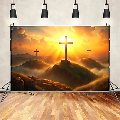 Osterteppich mit Sonnenuntergangskreuz und strahlenden heiligen Hügeln, christliche Wanddekoration, Glaubenssymbol für den Frühling, perfekt für Ostern und als religiöse Wohndekoration Image
