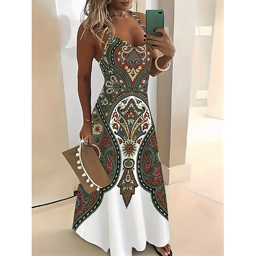 Damen Maxikleid Freizeitkleid A Linie Kleid Unterkleid Urlaub Vintage Ethnisch Täglich Normale Passform Paisley-Muster Ärmellos V Ausschnitt Weiß Leicht Braun Dunkelgrün Orange Sommer Frühling Herbst Image