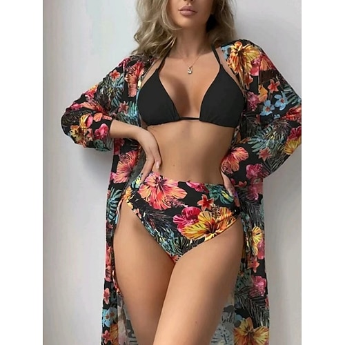 Damen Badeanzug Bikini Dreiteilig Slips Bademode Schlank Rückenfrei Urlaub Strandbekleidung Blumen Neckholder Langarm Badeanzüge Image