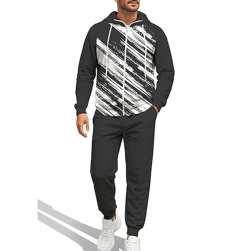 Herren Kapuzensweatshirt Trainingsanzug Kapuzenpullover mit Reißverschluss Kordelzug Taschen Geometrisch Hosen Kapuzensweatshirt Sweatshirt Herbst Winter Herbst Winter Rot Königsblau Fitnesstraining Image