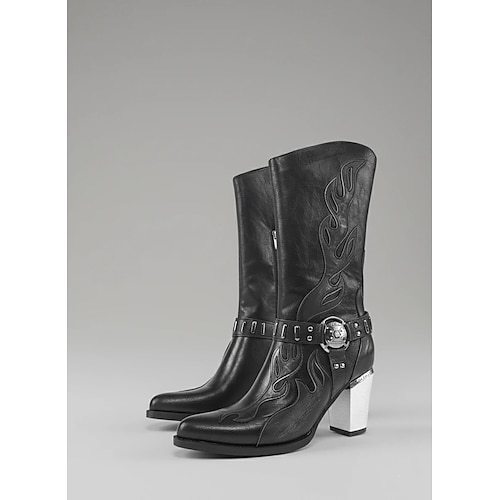 Damen-Western-Cowboystiefel mit Flammenstickerei – schwarze und braune Gothic-Stiefel mit klobigem Absatz bis zur Wadenmitte für Halloween, Musikfestivals und Rodeo-Outfits Image
