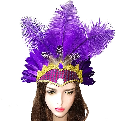 Karneval 2026 Rio de Janeiro: Samba-Accessoires, lila Straußenfeder-Kopfschmuck für Damen – Pailletten-Strass-Kopfschmuck – Karnevalskostüm für Showgirls, Mardi Gras, Brasilien, Image