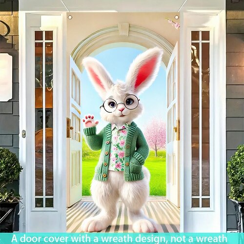 Oster-Türdekoration mit niedlichem, winkendem Hasen im Kranz-Design – eine bezaubernde Frühlingsdekoration für Ostern, perfekt für Tür und Garten. Image