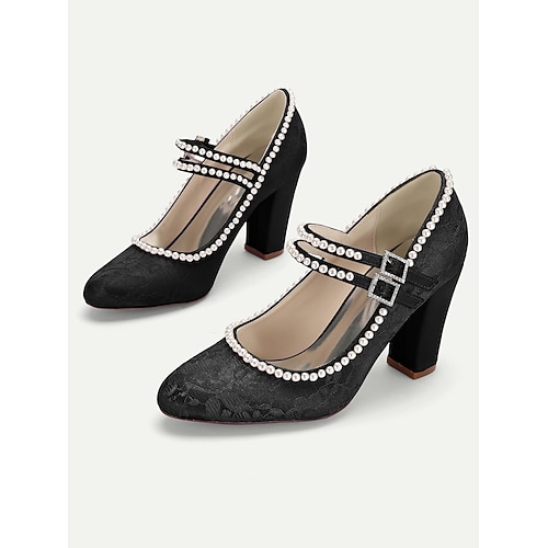 Damen-Mary-Jane-Pumps aus lila Spitze – mit Perlen verzierte Blockabsätze für Hochzeiten, Partys und elegante Anlässe Image