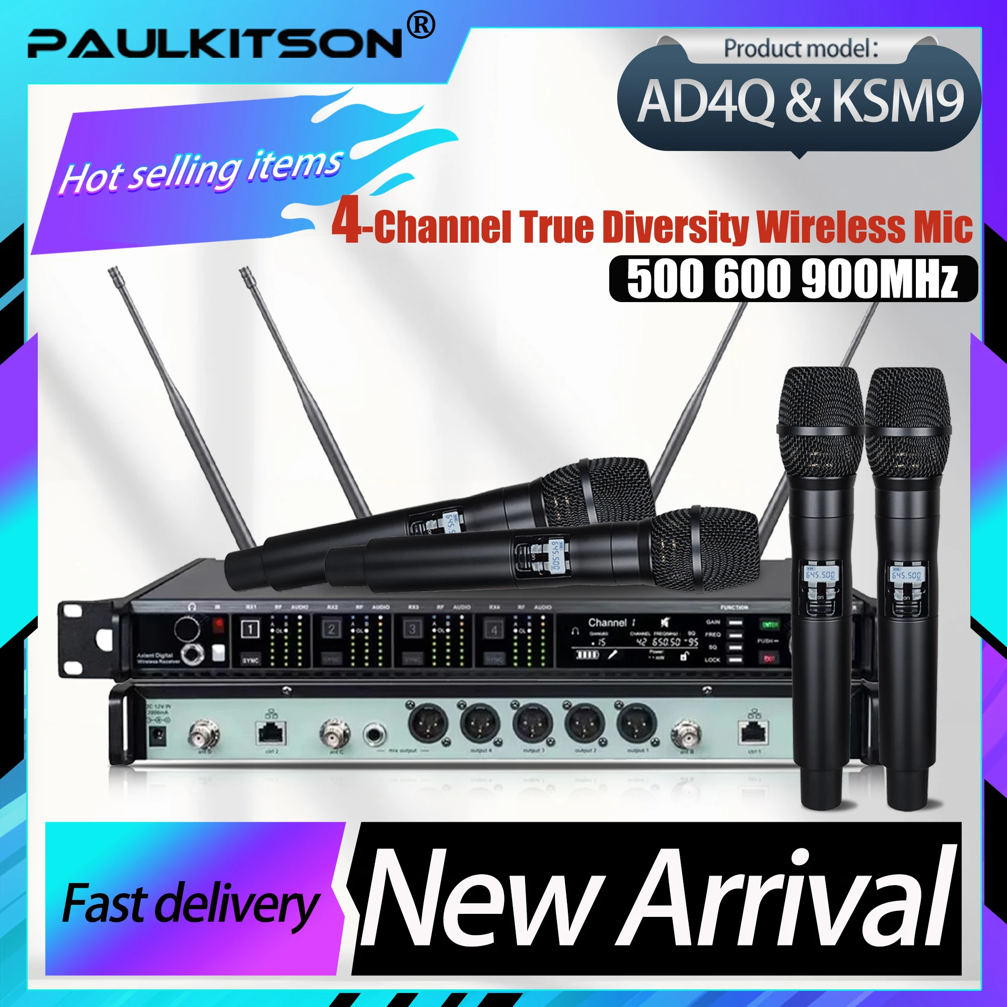 Paulkitson AD4Q KSM9 Professionelles drahtloses Mikrofonsystem 4-Kanal 500/600/900 MHz Headset-Mikrofon Lavalier für Bühnen im Freien Image