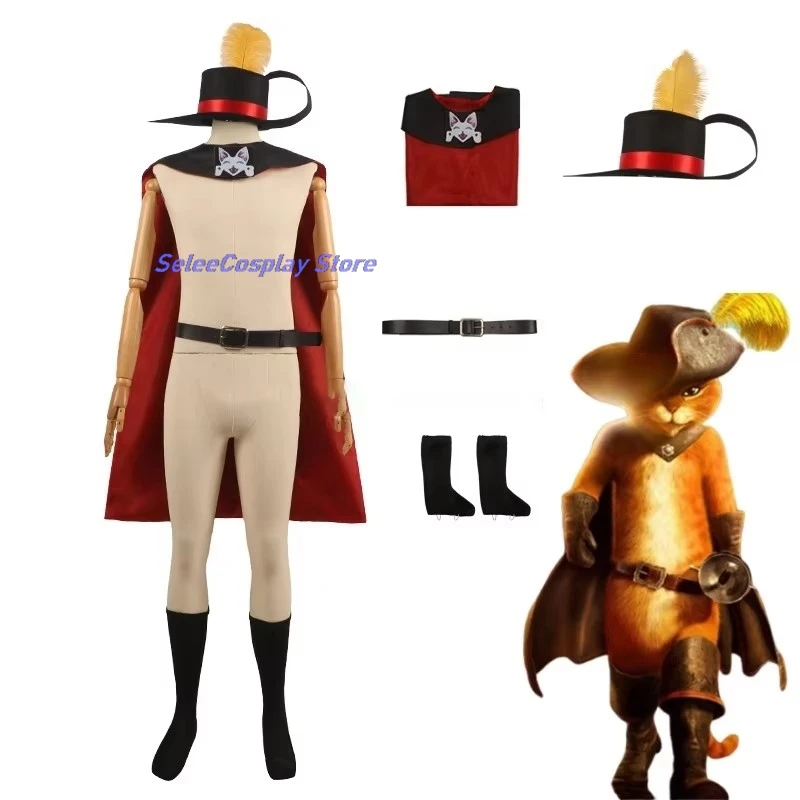 Mittelalterliche Schwertkämpfer Anime-Stil Catpuss Cosplay Kostüm Der gestiefelte Kater Umhang Hut Schuhüberzug Tier Erwachsenes Kind Halloween-Kostüm Image