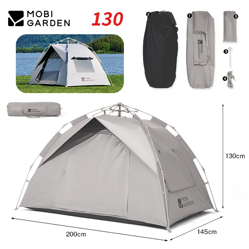 MOBI GARDEN Zero Motion 130 Automatikzelt Outdoor-Campingausrüstung Schwarz beschichtetes, tragbares, zusammenklappbares, schnell zu öffnendes One-Touch-Zelt
