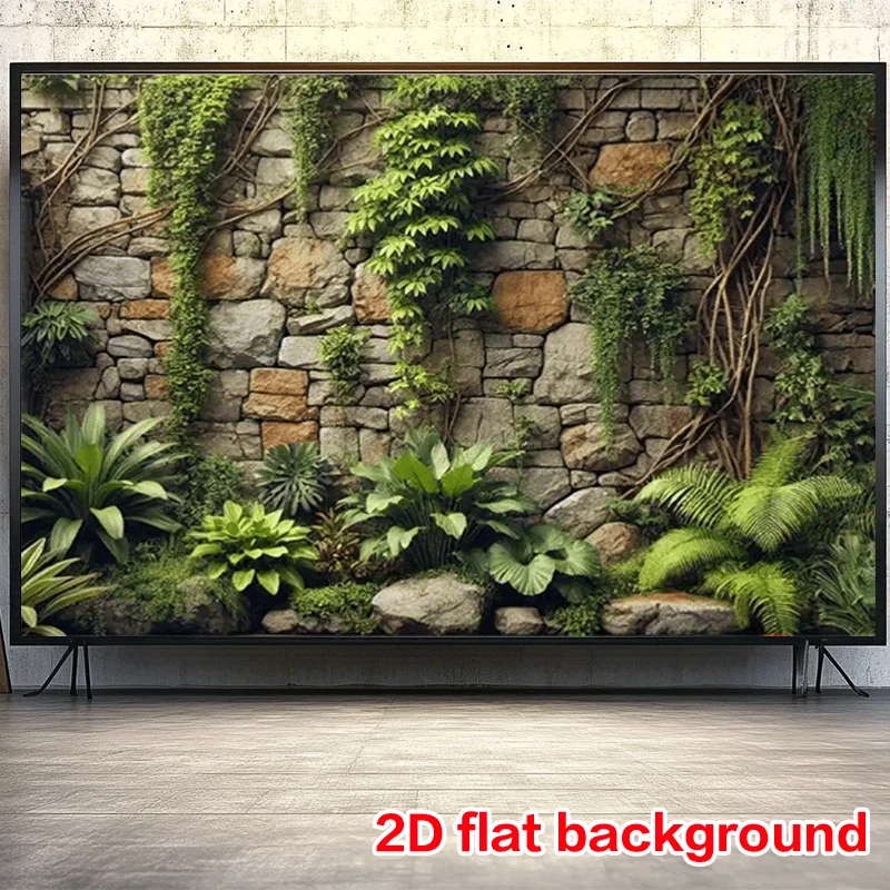 1 2-D-Flachbanner aus Polyester – Steinwand mit reichhaltigem Grünpflanzen- und Sukkulenten-Design, geeignet für Haus, Garten und Party Image
