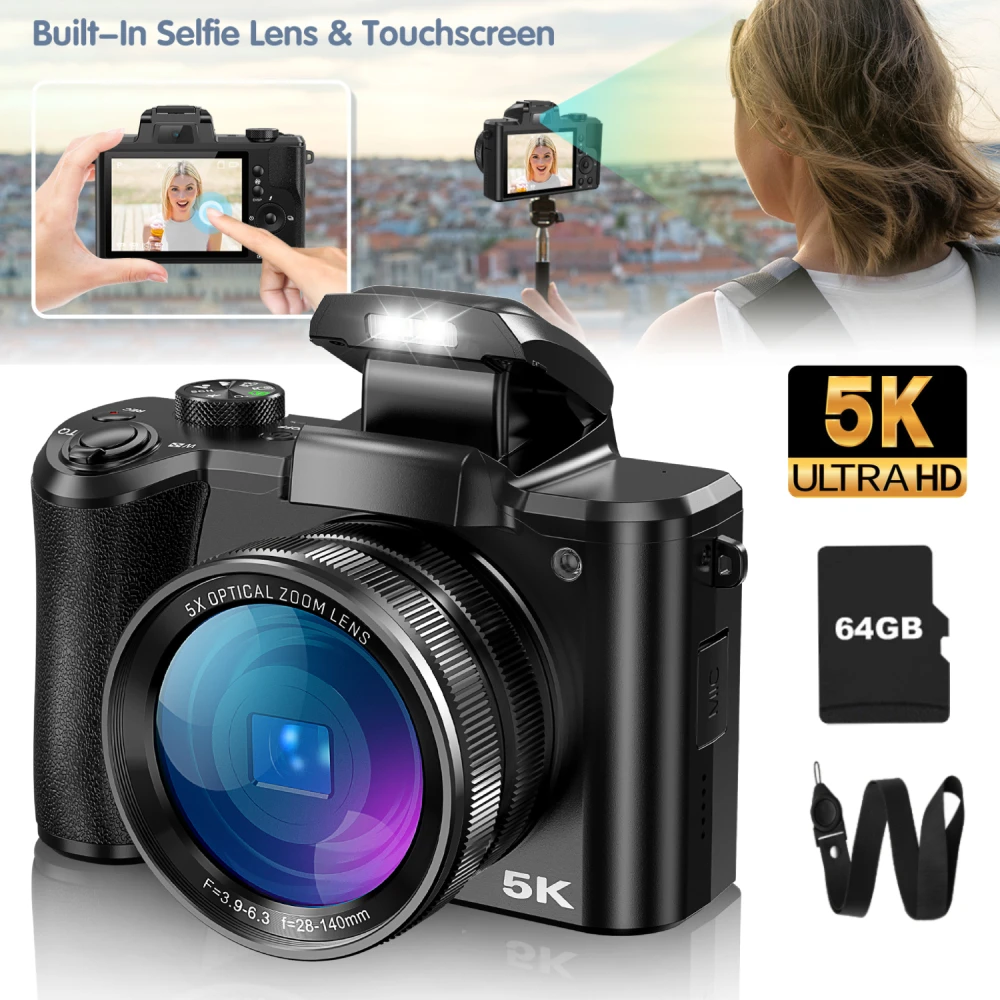 5k Digital kamera für die Fotografie, 64MP Touchscreen Autofokus Vlogging Kamera mit Selfie-Objektiv, 5x optischer Zoom, 64GB SD-Karte Image