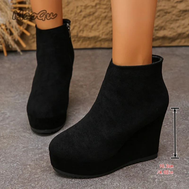 Damen-Stiefeletten aus Wildleder mit Plateausohle, seitlicher Reißverschluss, klobiger Keilabsatz, kurze Retro-Stiefeletten, Schwarz, Herbst-Winter-Freizeitschuhe, Größe 35