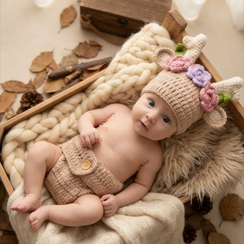 2Pcs Neugeborenen Fotografie Requisiten Baby Deer Geweih Hut Shorts Set Handgemachte Häkeln Gestrickte Rehkitz Kostüm Infant Foto Schießen Outfit Image