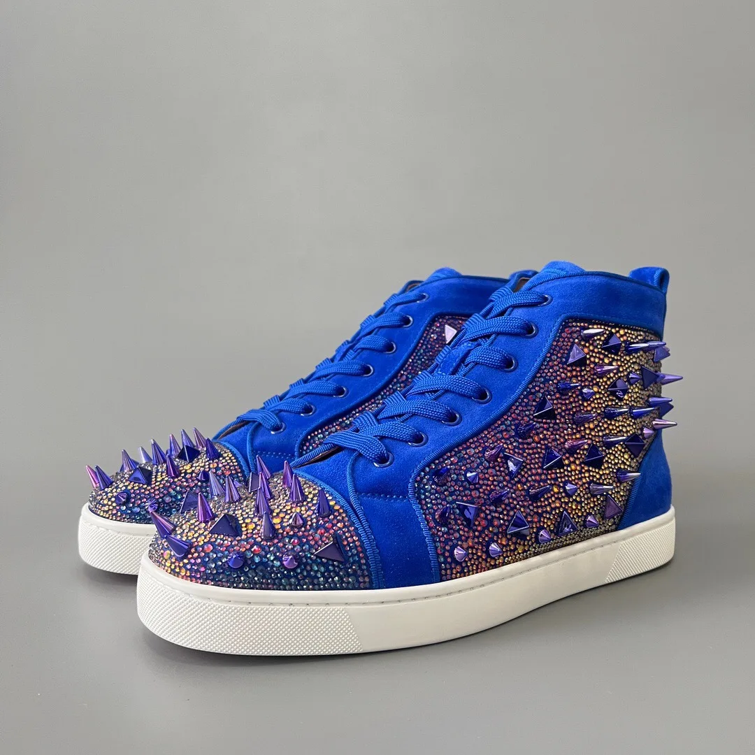 Herrenschuhe Blue Hot Diamond Niete High Top Red Bottom Schuhe Kristallbohrer Schuhe Damenschuhe Paar Boardschuhe Lila Diamant