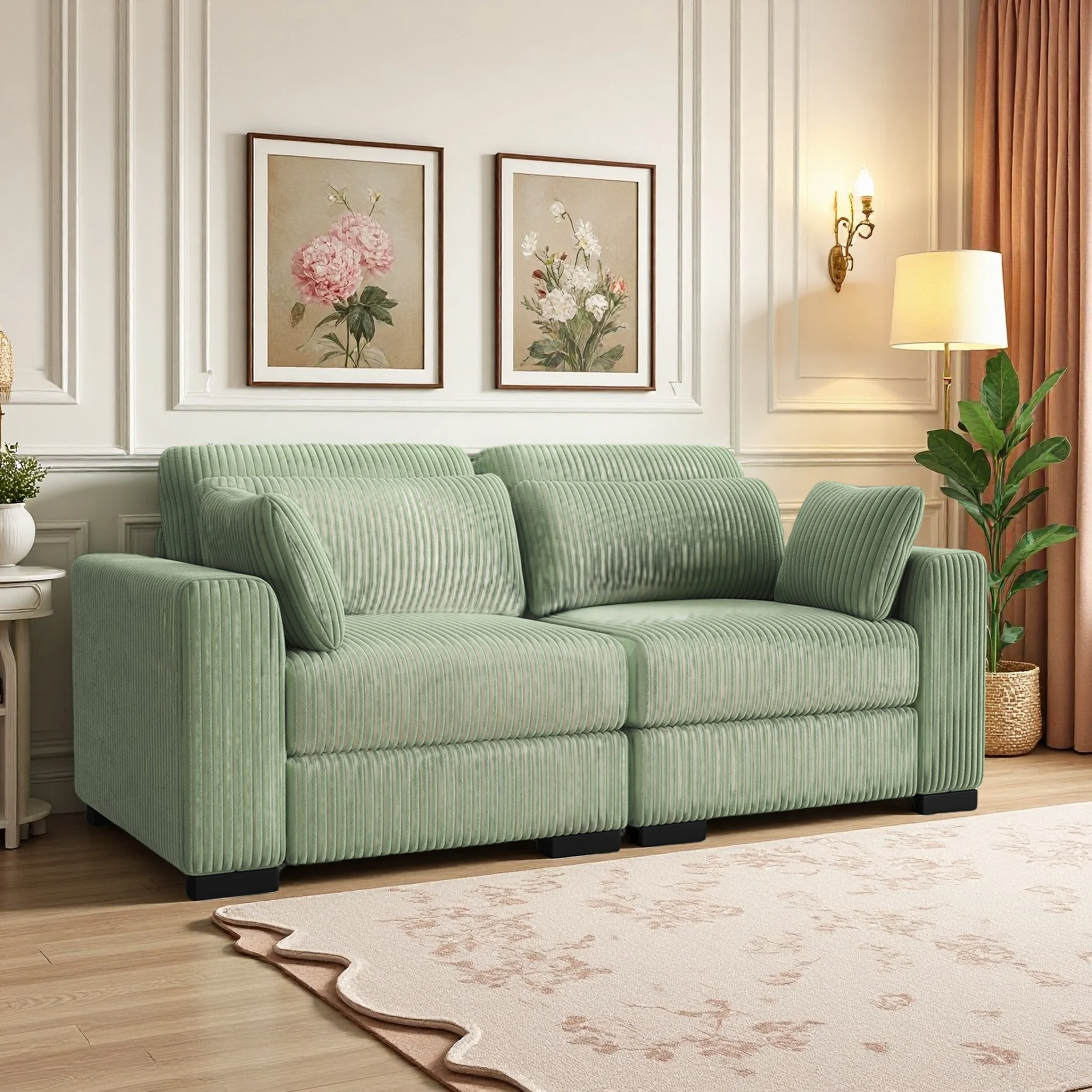 Cord Sofa 2 Sitzer, 88cm Breit Sofas, Bequemes Couch 58CM Extra Tiefe Sitze, Schlafsofa Klein Klappsofa Sofa 2 Sitzer, Big Sofa Couch mit 2 Sessel, für Wohnzimmer & Schlafzimmer, Grün Image