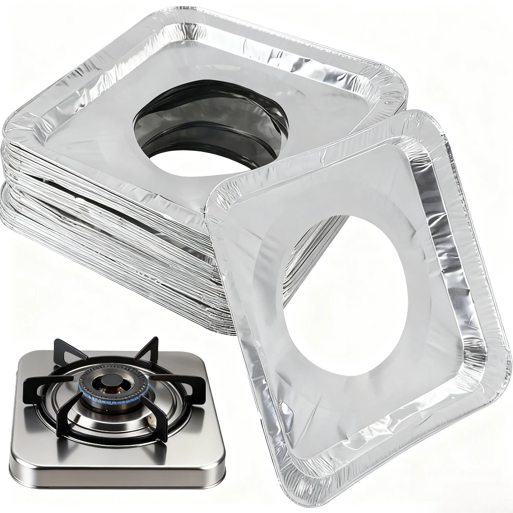 10/20 Stück quadratische Einweg-Gasherd-Einlagen, Aluminiumfolie, Herdabdeckungen, Gasherd-Reinigungspads zum Reinigen von Gasherd Image
