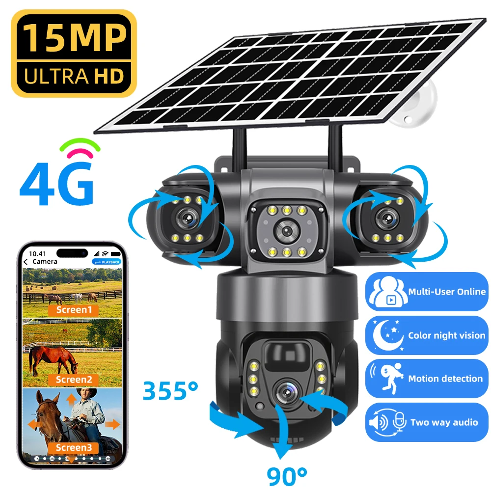 V380 Pro Solar Power Kamera 4G Sim Karte Dreifachobjektiv PIR Menschenerkennung CCTV Überwachung Video Monitor Eingebaute Batterie Image