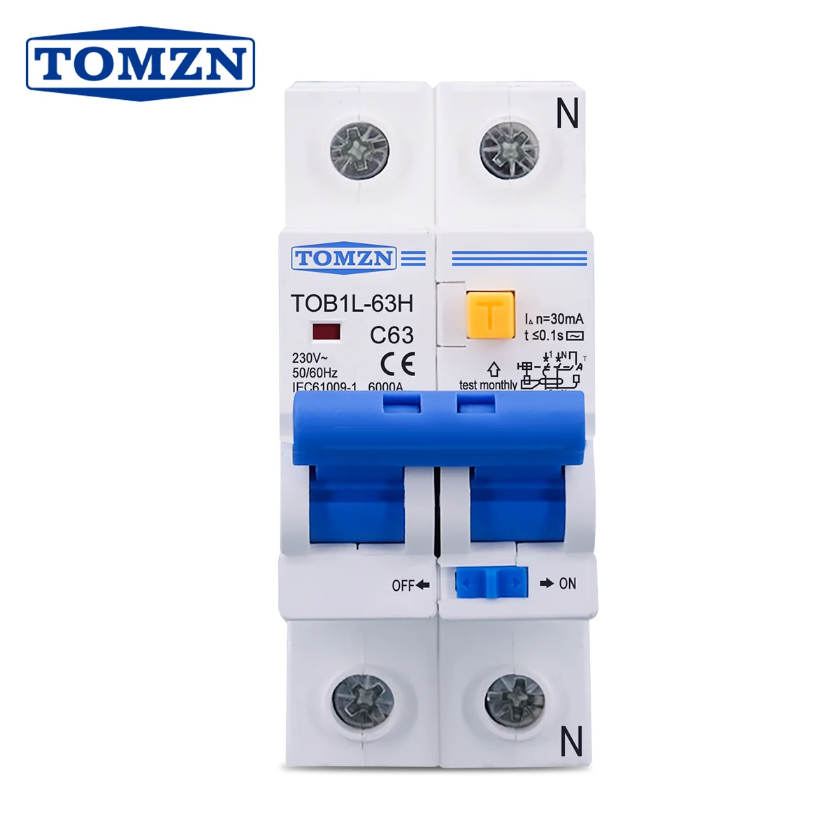 TOMZN TOB1L-63H 2P 63A 230V AC 50Hz/60Hz Fehlerstrom-Schutzschalter mit Überstrom- und Leckstromschutz RCBO Image