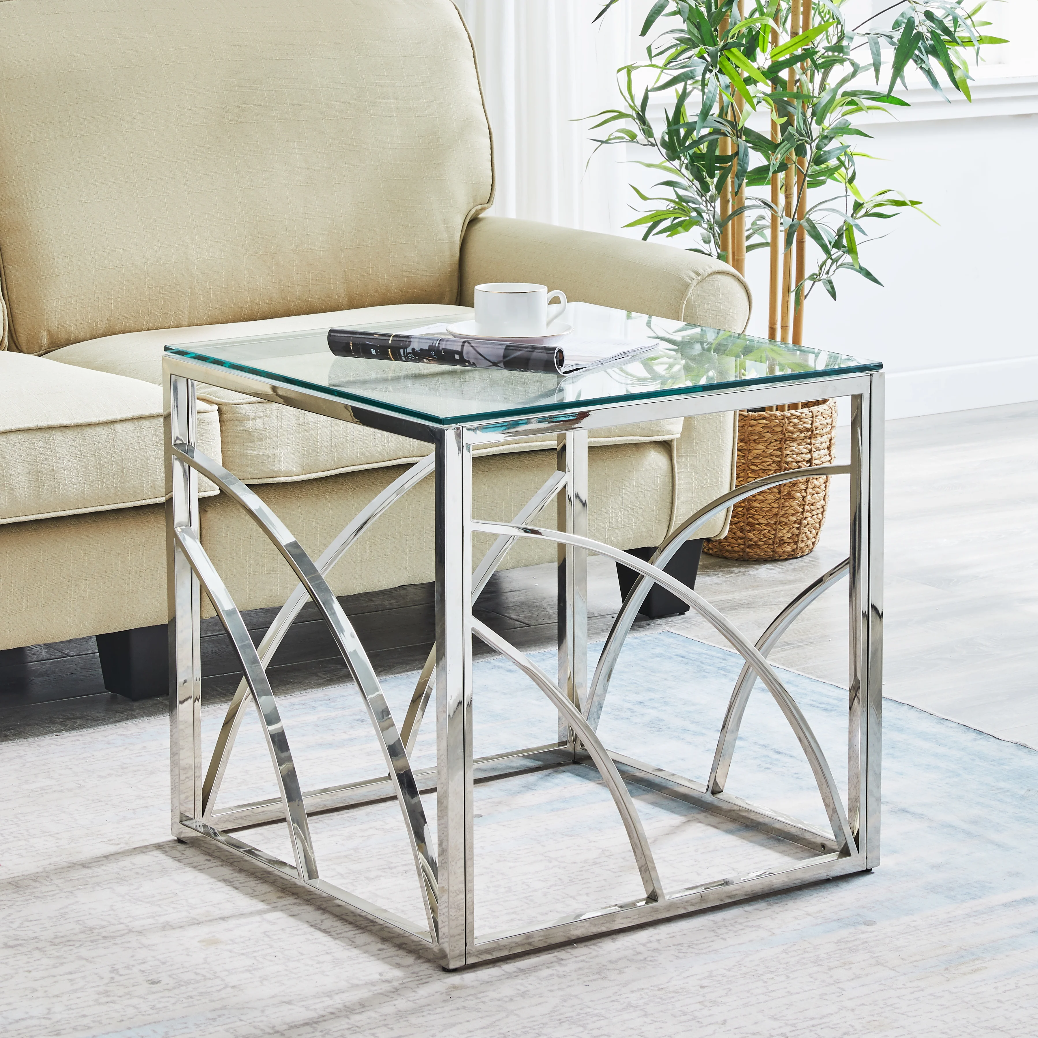 JYMTOM Beistelltisch aus Glas und Edelstahl, Moderner Glastisch für Wohnzimmer, Schlafzimmer und Küche, Couchtisch / Beistellt Image