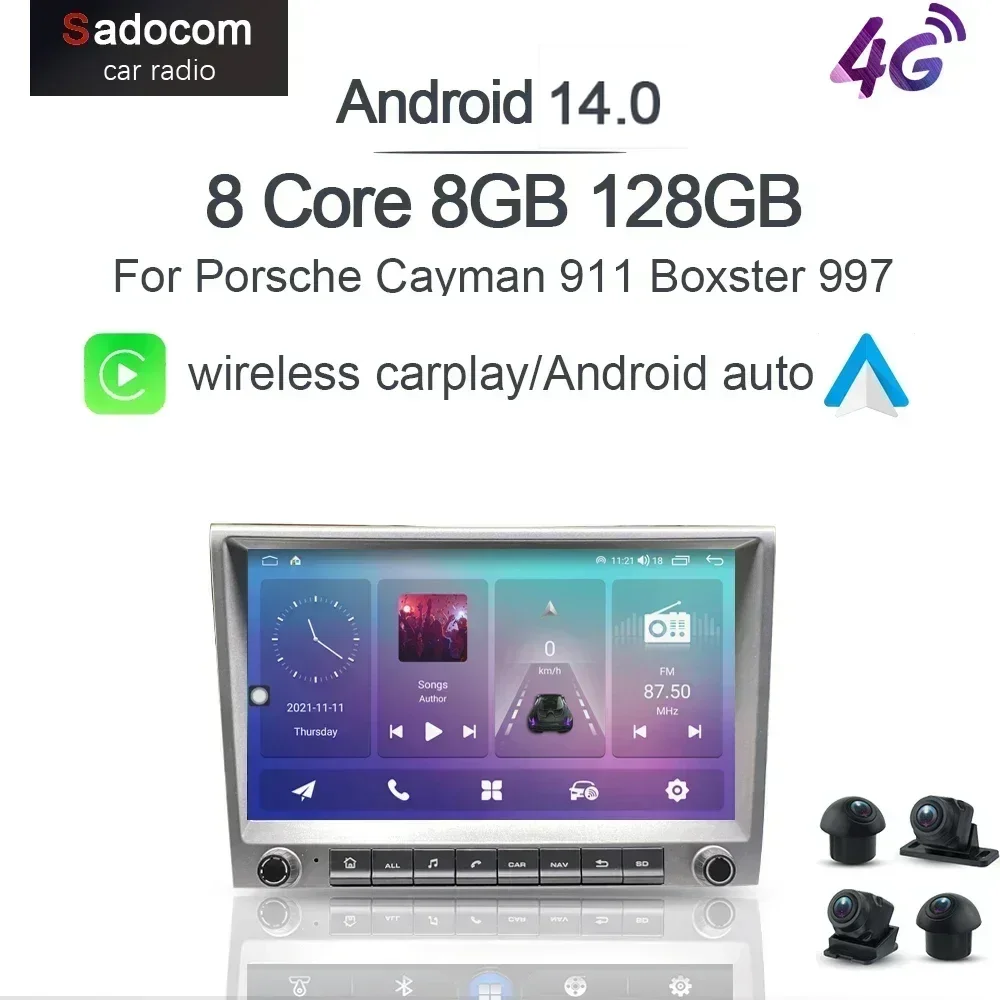 720P CarPlay 8 "2 din grau Android 14,0 Auto player 8 Core 8GB multimedia GPS autoradio Für Porsche 911 997 987 Cayman Boxster Image